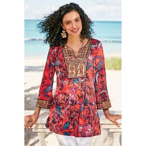 Soft Surroundings‎ Samara Tunic Top Floral Embroidered Bohemian Blouse Orange S